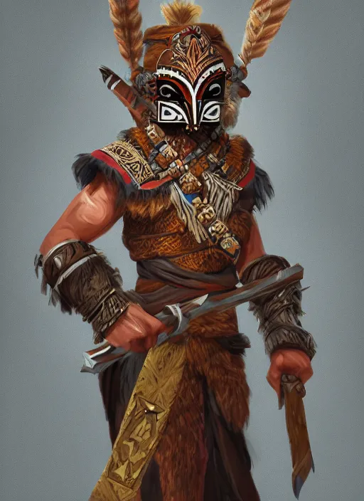 Prompt: a highly detailed illustration of tribal masked aztec warrior wearing brown robe, heroic fist pose, intricate, elegant, highly detailed, centered, digital painting, artstation, concept art, smooth, sharp focus, league of legends concept art, wlop.