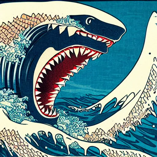 Image similar to shark attack by hokusai