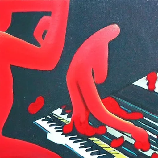 Image similar to beautiful painting of a ninja warrior playing a synthesizer in a music studio with red liquid coming out of the studio monitor speakers