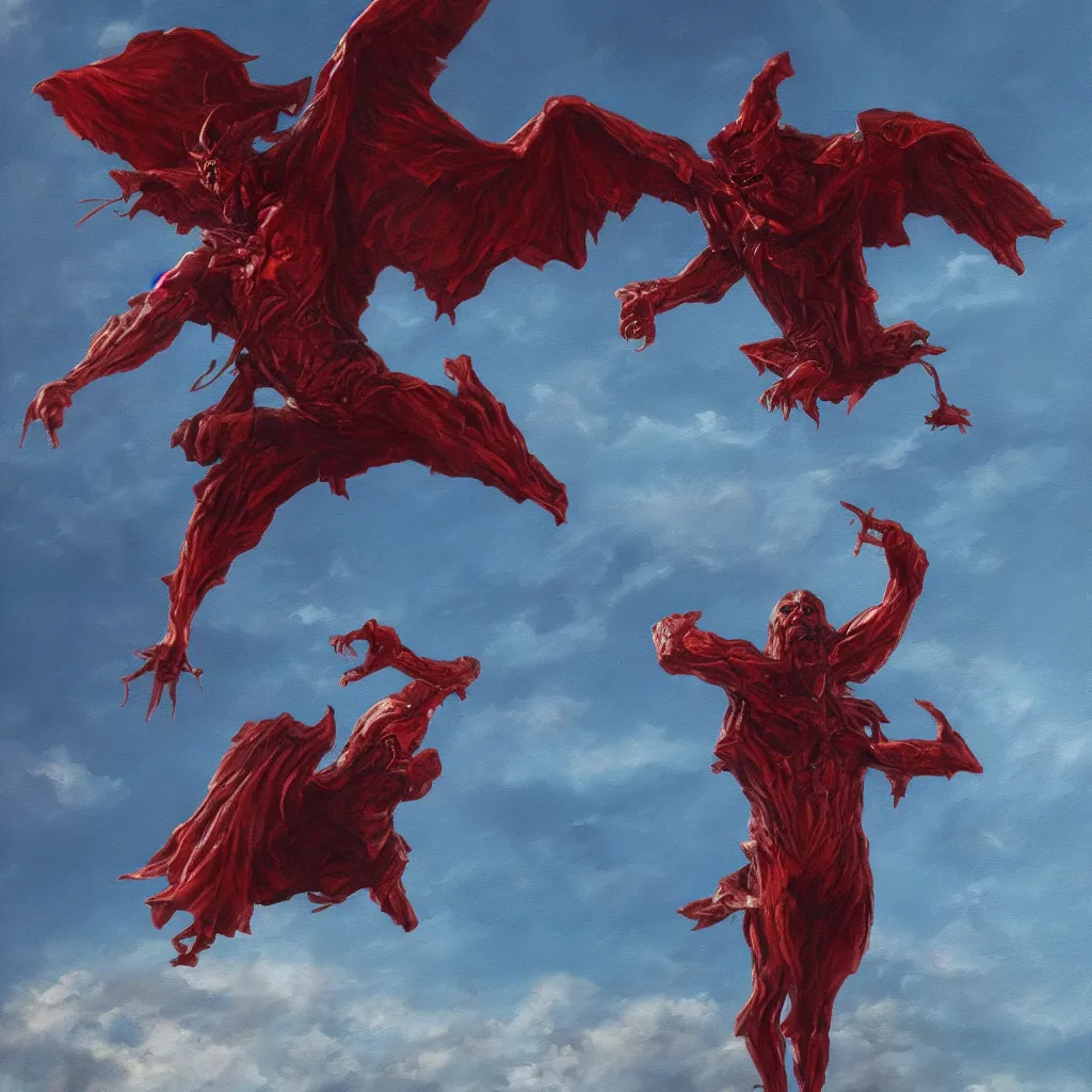 Image similar to realistic painting of a huge bloody satanic figure flying in the sky by michael whelan, ultra realistic, 8 k, streched and creepy painting. trending on, octane renderer, mesmerizing, aesthetic, beautiful