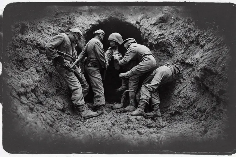 Prompt: soldiers fighting inside of a deep trench, low - angle shot, cinematic, tintype photograph