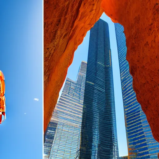 Prompt: photo of a giant orange colored glowing transparent humanoid of one thousand feet of height + standing next to a skyscraper + inside a cave