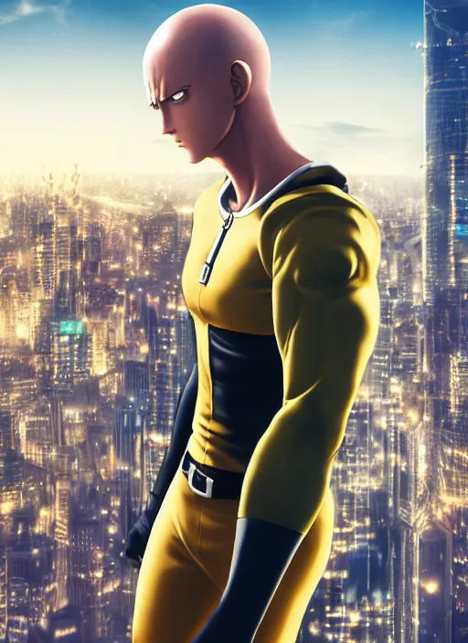 Prompt: Realistic One Punch Man, city background, artistic pose, light atmosphere, cinematic shot, intricate, ornate, photorealistic, ultra detailed, realistic, 100mm, photography, octane, high definition, depth of field, bokeh, 8k, artstation