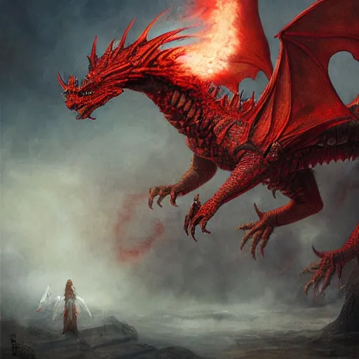 Prompt: epic fantasy painting of ancient red dragon breathing fire towards knight, by daarken, by seb mckinnon, high detail, fantasy battle, by jeff miracola, intricate