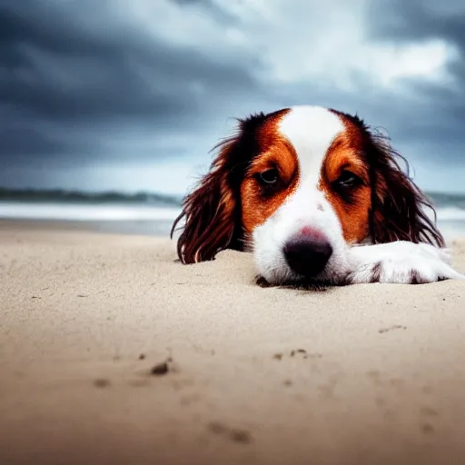 Image similar to kooikerhondje dog sleeping in the beach, stormy weather, very beautiful, detailed realistic HD 8k