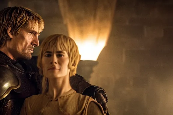 Image similar to very very intricate photorealistic photo of jaime lannister defeating cersei, photo is in focus with detailed atmospheric lighting, award - winning details