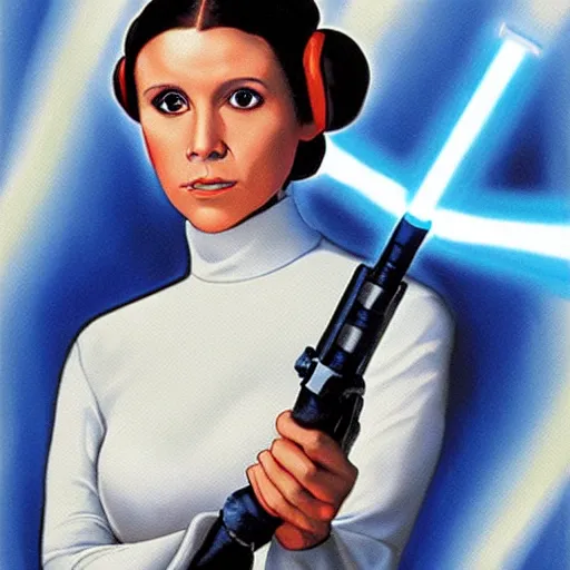 Prompt: painting of Princess Leia holding a blue lightsaber