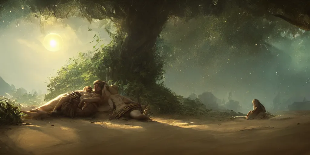 Image similar to jungle in the sands sleeping unbroken dreams under the ivory light of two moons, Darek Zabrocki, Marcin Rubinkowski, Lorenzo Lanfranconi, Karlkka, trending on Artstation, 8K