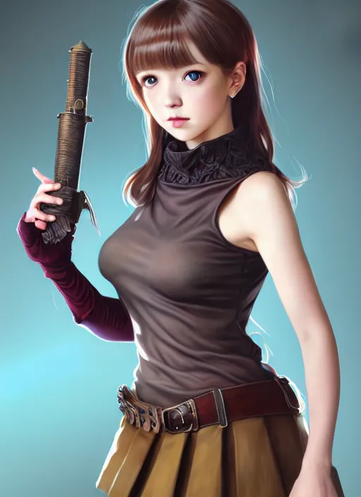 Image similar to portrait of a full body of beautiful young female detective, d & d, sleeveless turtleneck, pleated skirt, fantasy, flat lighting, intricate, highly detailed, digital painting, artstation, concept art, smooth, sharp focus, illustration, misa amane, art by simon bisley and greg rutkowski and alphonse mucha, natural tpose