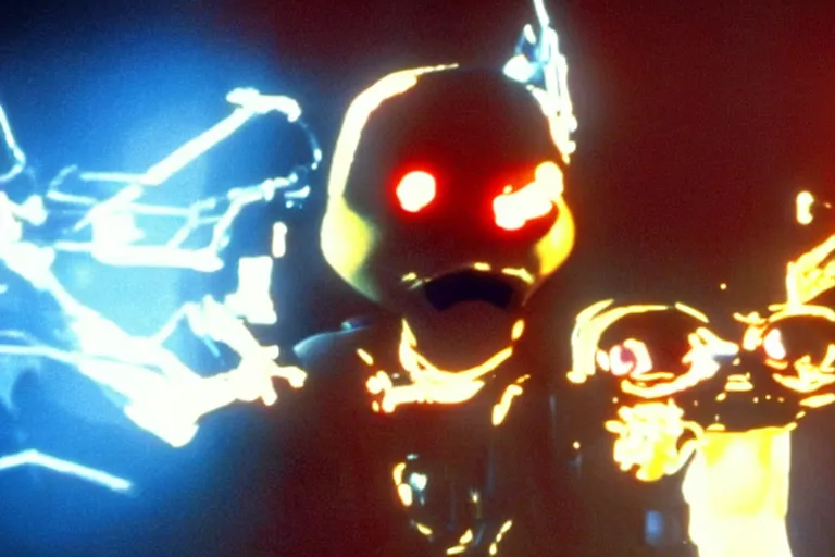 Image similar to Terminator Pikachu scene where his endoskeleton gets exposed and his eye glows red, still from the film Terminator Pikachu