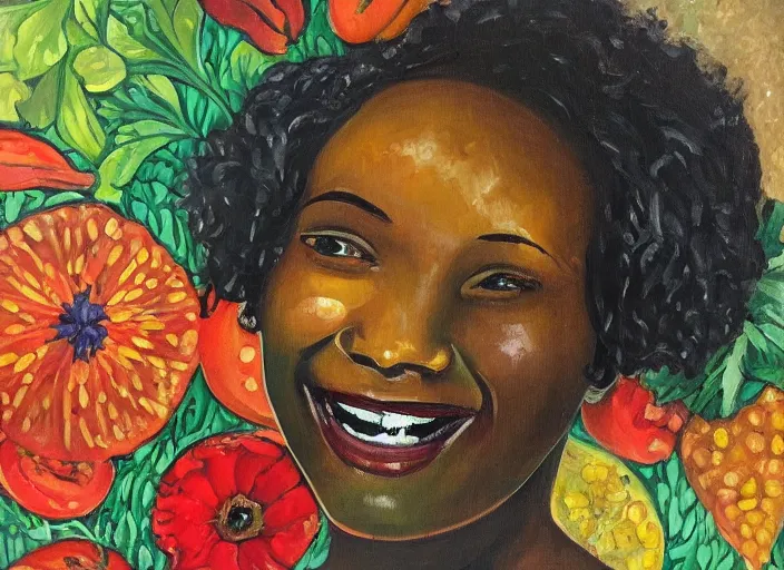 Image similar to an art nouveau oil painting of a beautiful, smiling black woman entirely made from vegetables, flowers and fruits, within a circle