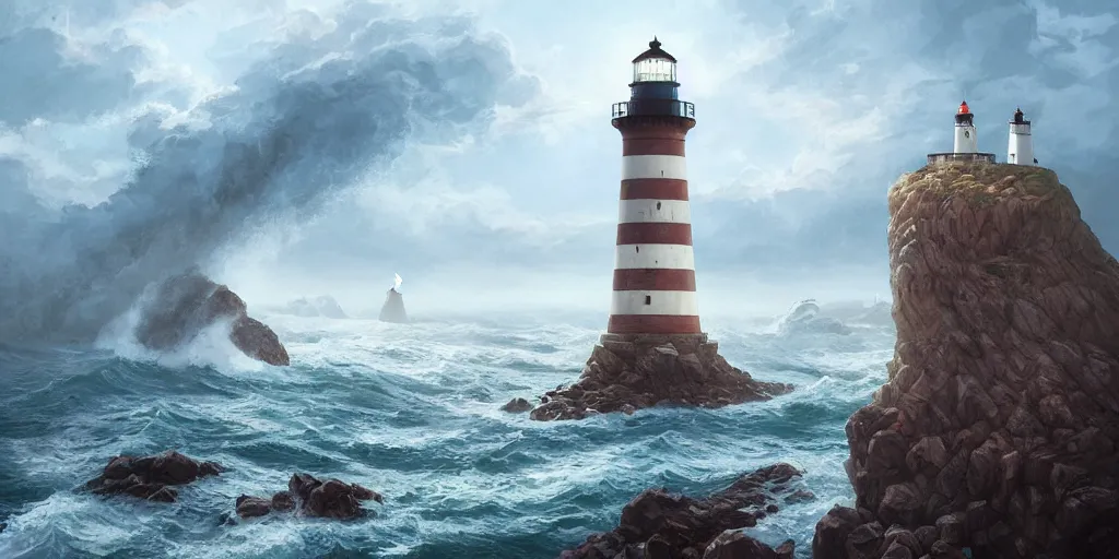 Prompt: a lighthouse on a cliff with crashing waves, centered, art by artgerm and greg rutkowski and magali villeneuve, d & d, fantasy, highly detailed, digital painting, trending on artstation, concept art, sharp focus, illustration