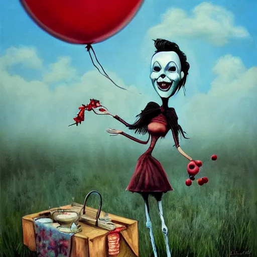 Prompt: grunge painting of a picnic with a wide smile and a red balloon by chris leib, loony toons style, pennywise style, corpse bride style, horror theme, detailed, elegant, intricate, conceptual, volumetric light