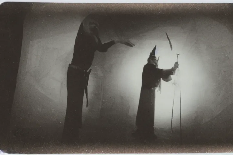 Prompt: old polaroid of a mage casting a spell, wide angle, full body