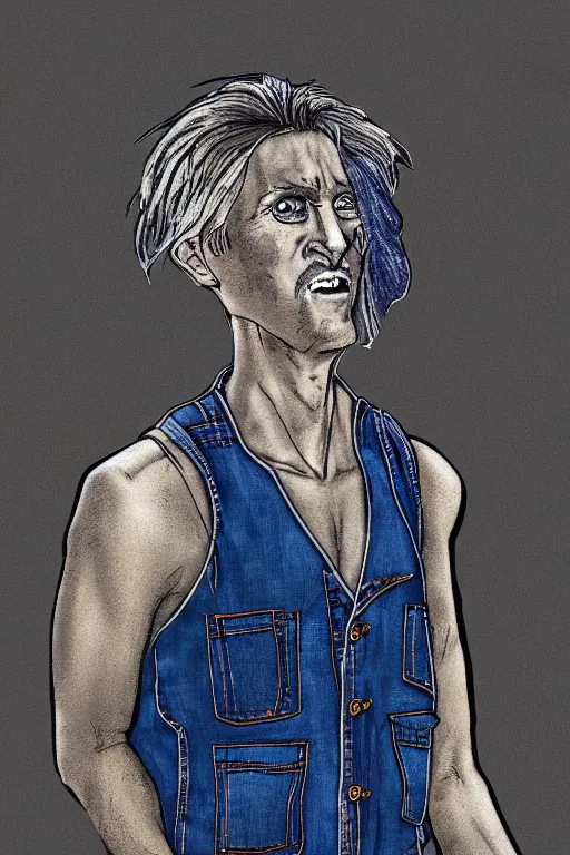 Prompt: portrait of a maniac wearing a denim vest named spike. exaggerated features. digital art. harsh lighting.