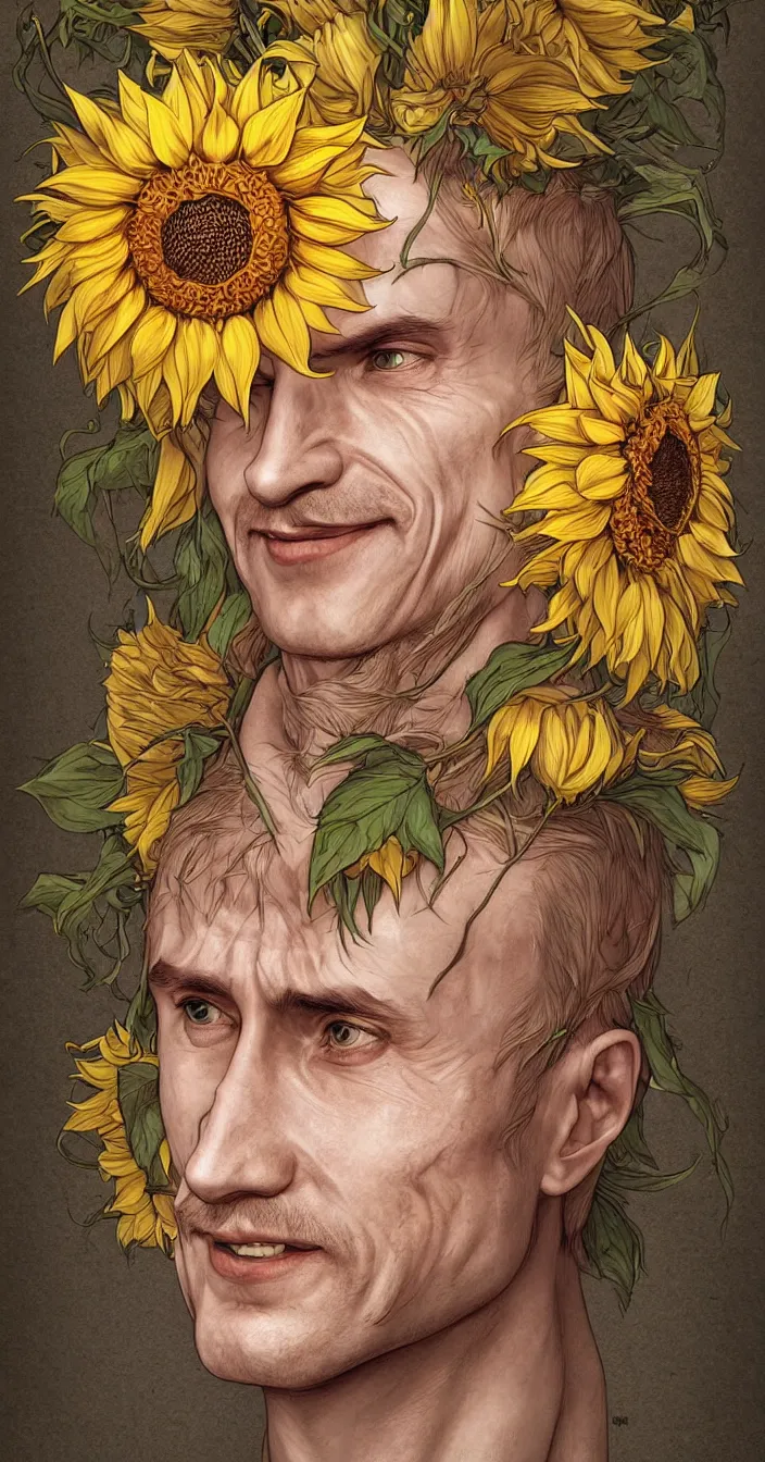 Image similar to digital art, centered full body of young any old Putin smiling king, Sunflower crown, ,intricate, veins, by James Jean and by artgerm , by ross tran ultradetailed, charachter design, concept art, trending on artstation,