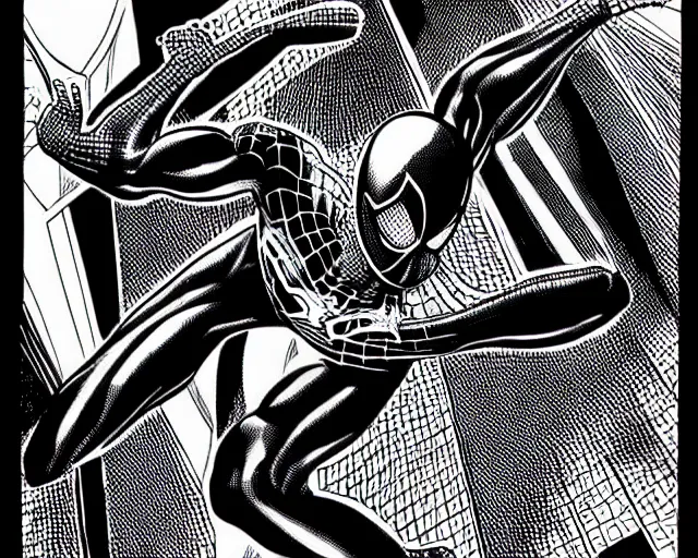 Image similar to photorealistic sketch of black spider - man with gold webbing by steve ditko