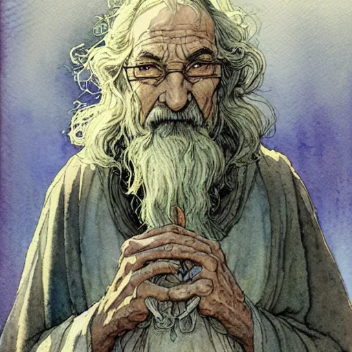 Image similar to a simple and atmospheric watercolour fantasy character concept art portrait of an old and wise wizard, very muted colors, by rebecca guay, michael kaluta, charles vess and jean moebius giraud