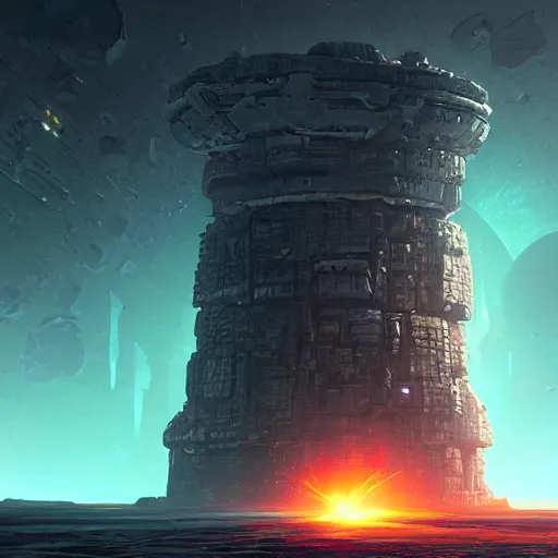 Image similar to The lonely ruined tower on the asteroid in the abyss of space, cyberpunk