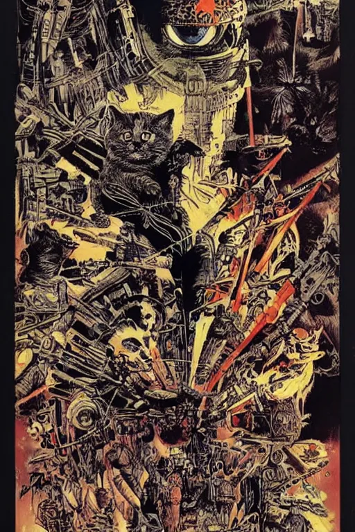 Prompt: Cats at war, poster by Philippe Druillet