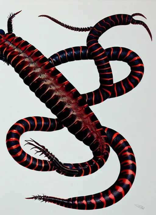 Prompt: beautiful matte airbrush portrait of a twisted scolopendra on a white background, 8 0's airbrush aesthetic, art by pater sato