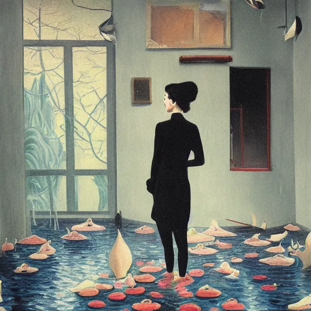 Image similar to tall female emo artist in her flooded kitchen, water gushing from ceiling, painting of flood waters inside an artist's home, a river flooding indoors, pomegranates, pigs, ikebana, zen, water, octopus, river, rapids, waterfall, black swans, canoe, berries, acrylic on canvas, surrealist, by magritte and monet