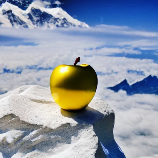 Prompt: a golden apple is sitting on the peak of mount everest, clear focus, bokeh effect, high res