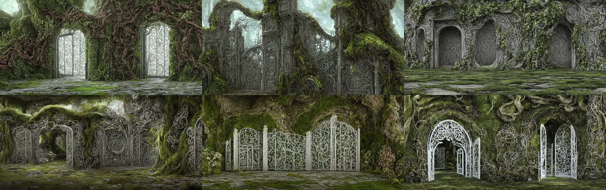 Prompt: Intricate detailed monumental white gate covered with vines and moss, megascan textures, cinematic composition, Jim Burns, Craig Mullins, wide angle, in the style of hayao miyazaki + brian froud + kim jung gi, studio ghibli, beautiful high detail enhanced 8k render