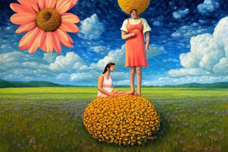 Image similar to giant daisy flower head, woman sitting, surreal, clouds in sky, impressionist painting, digital painting, artstation, rob gonsalves