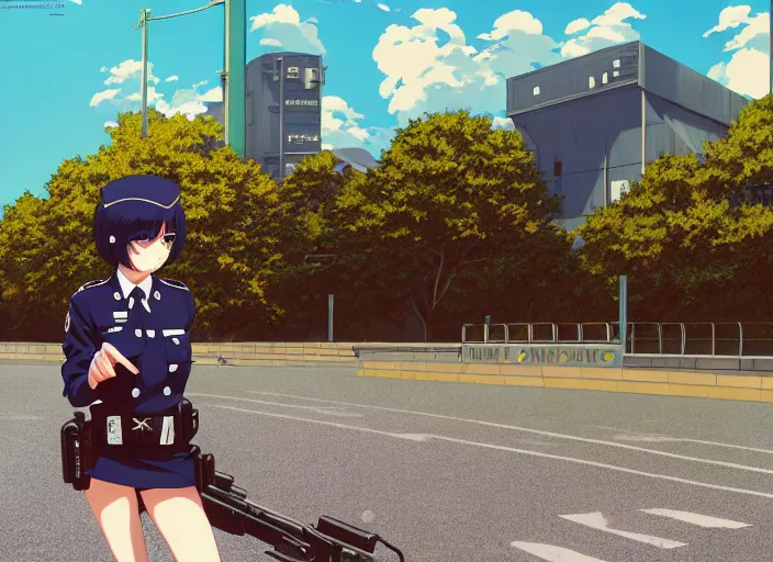 Image similar to anime film visual illustration police woman outside her patrol car, cute face by ilya kuvshinov, makoto shinkai, kyoani, masakazu katsura, dynamic pose, crisp and sharp, yoshinari yoh, rounded eyes, anime poster, ambient light, focused, flat, cel shaded