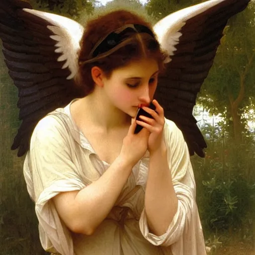 Prompt: an oil painting of an angel talking with an iPhone close to her ear, by Bouguereau, highly realistic and intricate