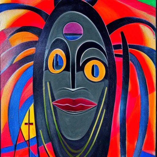 Prompt: Art in the style of Laszlo Noholy-Nagy, Georgia Anne Muldrow, side portrait, tribal mask inside mask, afrocentric mysticism