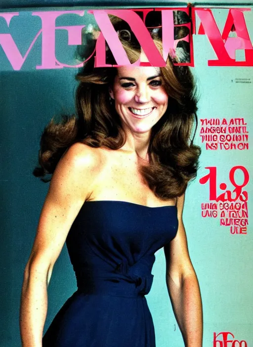 Image similar to candid photo of kate middleton as a thicc cover model in the 1980s, magazine cover.