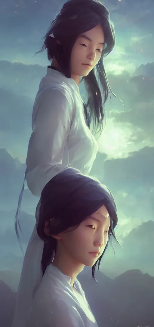 Image similar to a beautiful Tibetan woman, innocent, somber white eyes, long, gentle lighting, on a small space shuttle, futuristic, dim lighting, digital art by Makoto Shinkai ilya kuvshinov and Wojtek Fus, digital art, concept art,