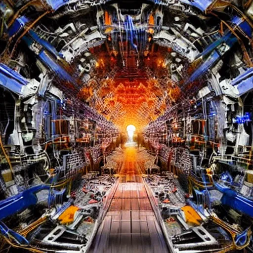 Prompt: of demons crawling out of the Large Hadron Collider at Cern carrying interdimensional technologies with them 8k extremely high level of detail