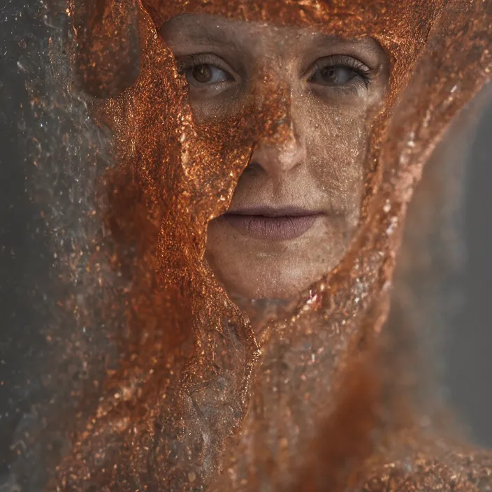 Image similar to closeup portrait of a woman wrapped in copper fiber, standing in skaftafell ice cave in iceland, color photograph, by vincent desiderio, canon eos c 3 0 0, ƒ 1. 8, 3 5 mm, 8 k, medium - format print