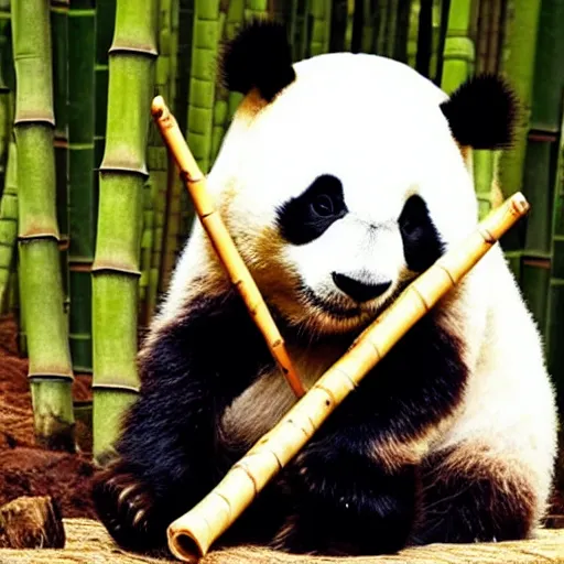 Image similar to a cute panda playing wooden flute in a bamboo forest