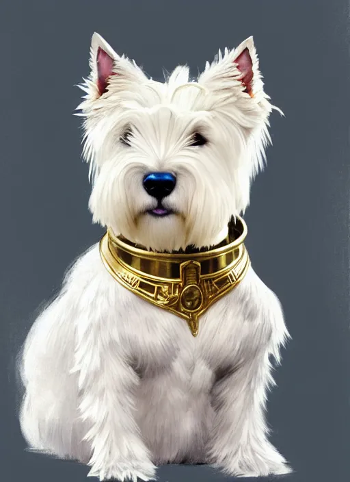 Image similar to a west highland white terrier sitting politely, facing the camera, wearing futuristic, golden armor, and a cannon mounted on his back, portrait, high detail, sharp focus, digital painting, artstation, concept art, art by hayao miyazaki and artgerm and greg rutkowski and alphonse mucha.