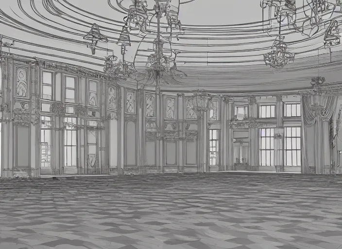 Prompt: the grand ballroom that is now melancholic, anime fantasy illustration by tomoyuki yamasaki, kyoto studio, madhouse, ufotable, square enix, cinematic lighting, trending on artstation