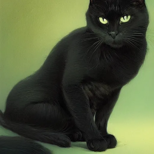 Prompt: small black cat with big green eyes, intricate, elegant, highly detailed, digital painting, artstation, concept art, matte, sharp focus, illustration, art by Artgerm and Greg Rutkowski and Alphonse Mucha