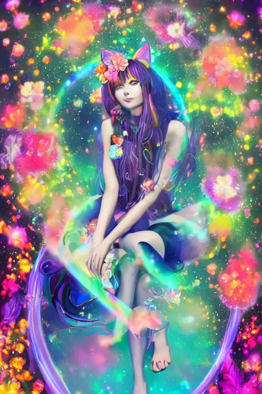 Image similar to psychedelic, whimsical, anime, 4k, beautiful seductive woman with fox ears smoking weed, with professional makeup, long trippy hair, a crystal and flower dress, sitting on a reflective pool, surrounded by gems, underneath the stars, rainbow fireflies, trending on patreon, deviantart, twitter, artstation, volumetric lighting, heavy contrast, art style of Greg Rutkowski and Victoria gavrilenko and Ross Tran