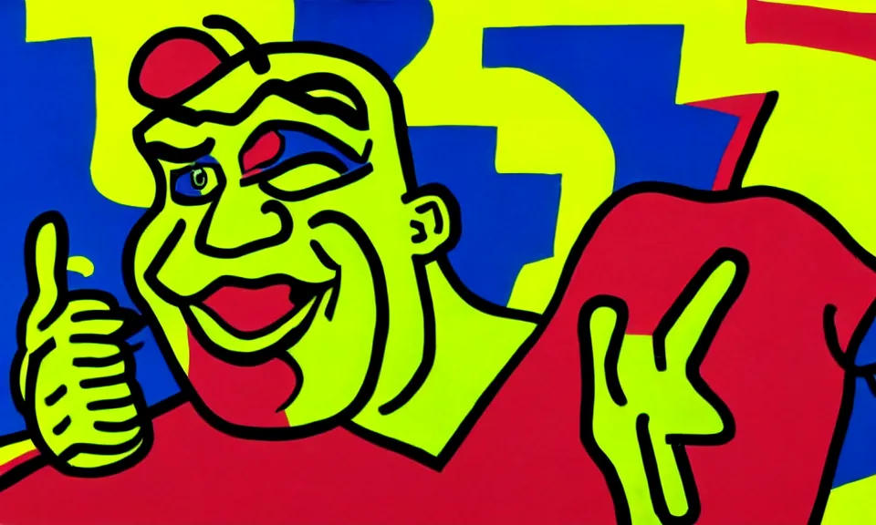 Prompt: a pop art drawing of shrek by andy warhol and roy lichtenstein and keith haring, 4 k, trending on artstation, detailed, film still