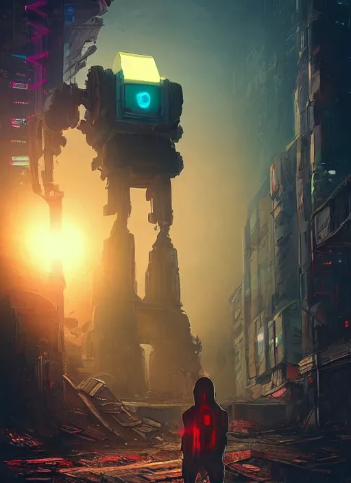 Image similar to a painting of a giant robot standing in front of a post apocalyptic city ruins, cyberpunk art by beeple, artstation hd, dystopian art, apocalypse art, sci - fi, glowing neon lights anamorphic lens flare