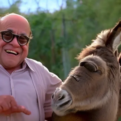 Prompt: Danny DeVito rides a donkey, cinematic, 80s, 4k,