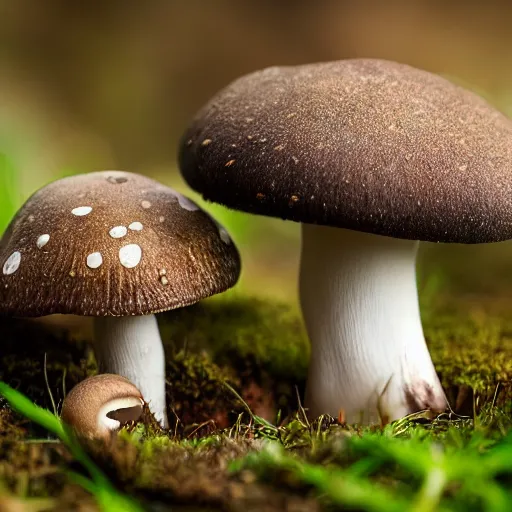 Prompt: macro photo with a mushroom character with cute eyes, very close to real nature, natural colors and natural surroundings, painted patterns and coloring on mushrooms, 8K, highly detailed