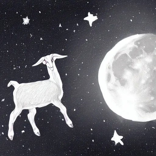 Image similar to a realistic sketch of a moon holding a goat in space, cinematic, drawing,