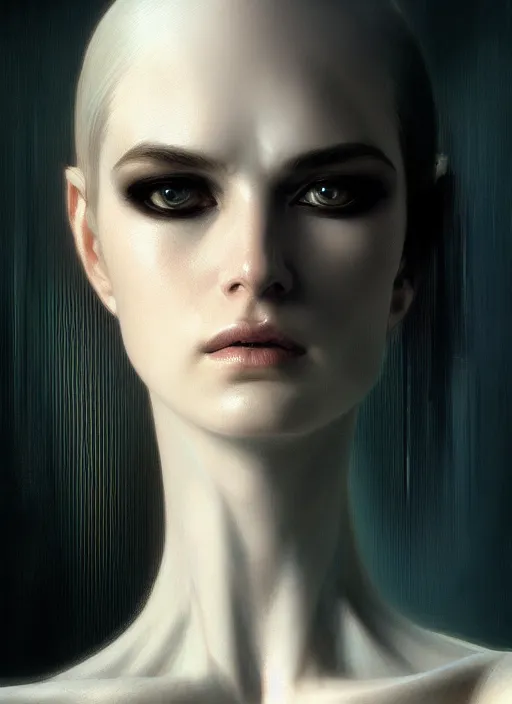 Image similar to pale mark zukerberg as android, pale plastc, portrait, intricate, elegant, highly detailed, digital painting, artstation, concept art, wallpaper, smooth, sharp focus, illustration, art by h. r. giger and artgerm and greg rutkowski and alphonse mucha