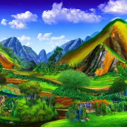 Prompt: the most beautiful and lush landscape in the universe, colorful mountains and green hills, ruined building and ancient civilizations, realistic lighting