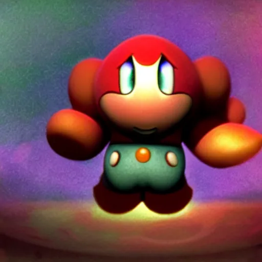 Prompt: Kirby in the deep darkness staring at you with shining red eyes, found footage