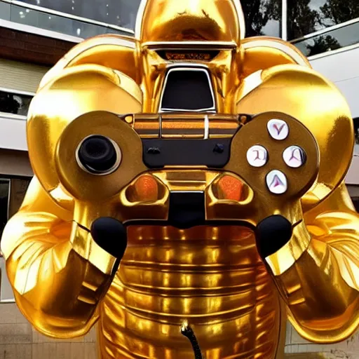 Image similar to picture of giant golden statue of a gaming controller, in a suburb